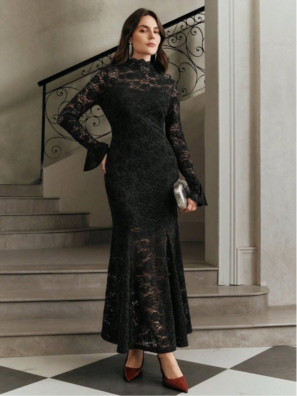 Black Floral Lace High Mock Neck Mermaid Maxi Dress Fluted Flare Bell Sleeves